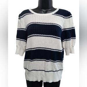Liz Claiborne Shirt L Knit Blouse Wide Stripes with Puff Shoulders Short Sleeve